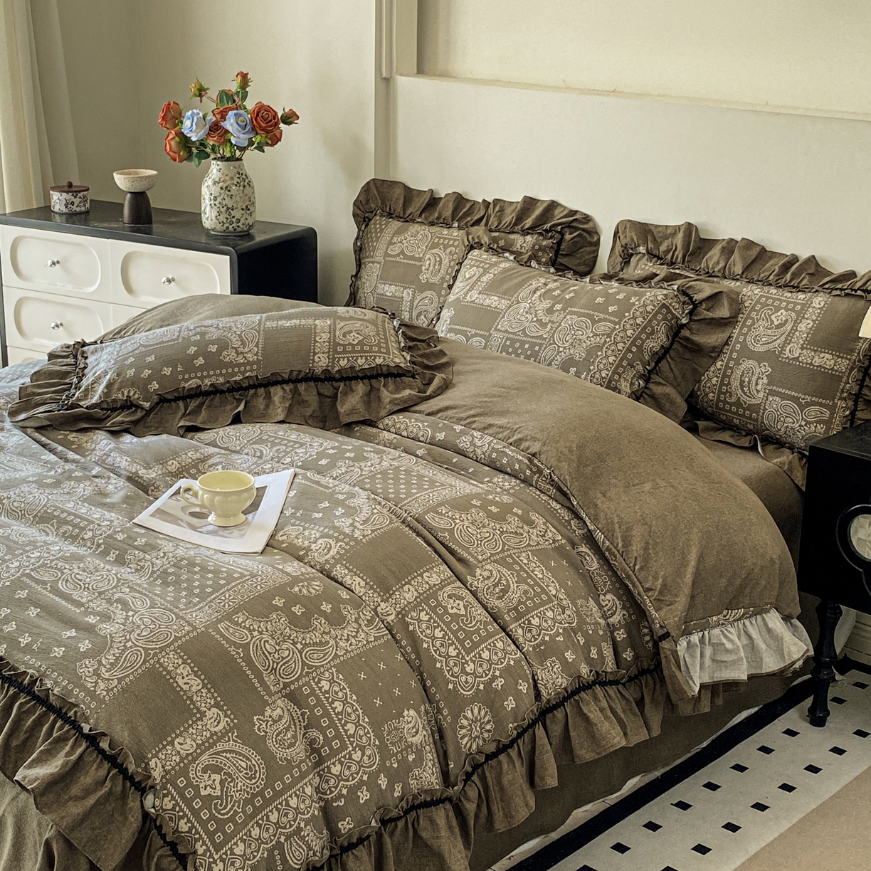 91家纺网 家纺一手货源 找家纺 仟网汇 2025新款复古风亚麻原麻花边四件套 绿野仙踪