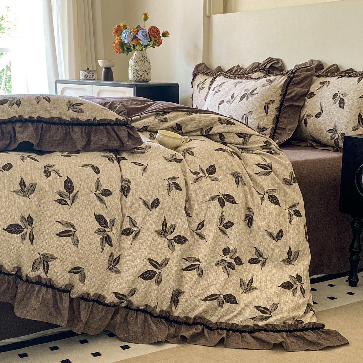 91家纺网 家纺一手货源 找家纺 仟网汇 2025新款复古风亚麻原麻花边四件套 叶影