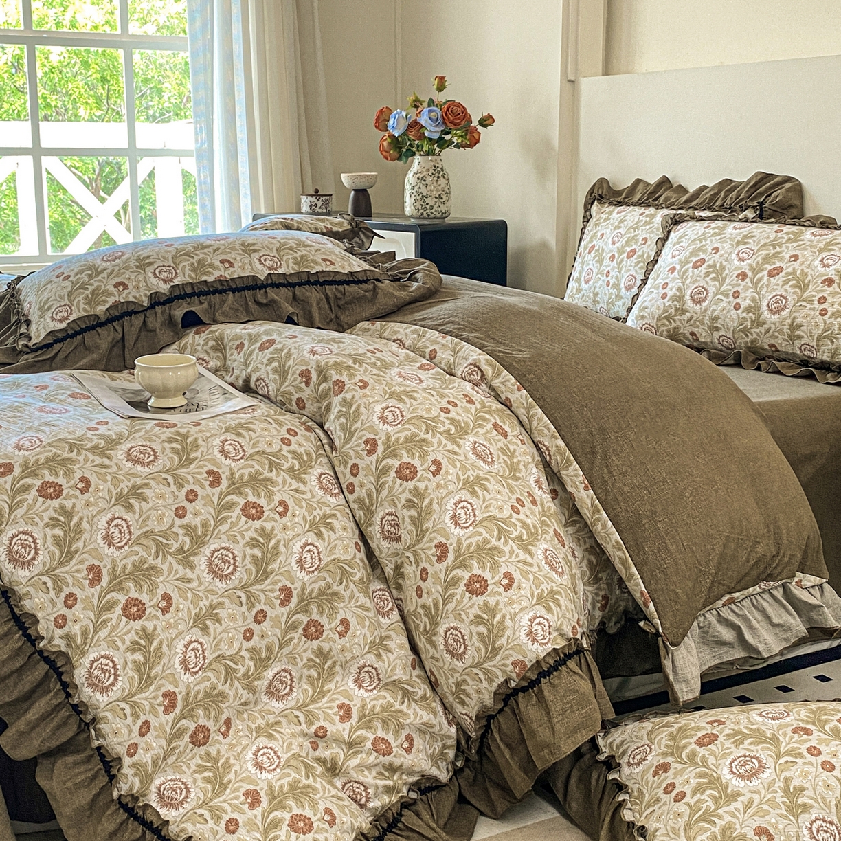 91家纺网 家纺一手货源 找家纺 仟网汇 2025新款复古风亚麻原麻花边四件套 太阳花