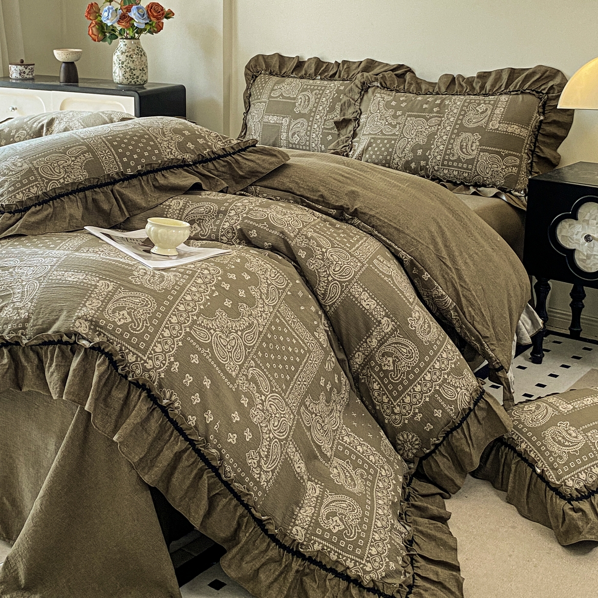 91家纺网 家纺一手货源 找家纺 仟网汇 2025新款复古风亚麻原麻花边四件套 绿野仙踪