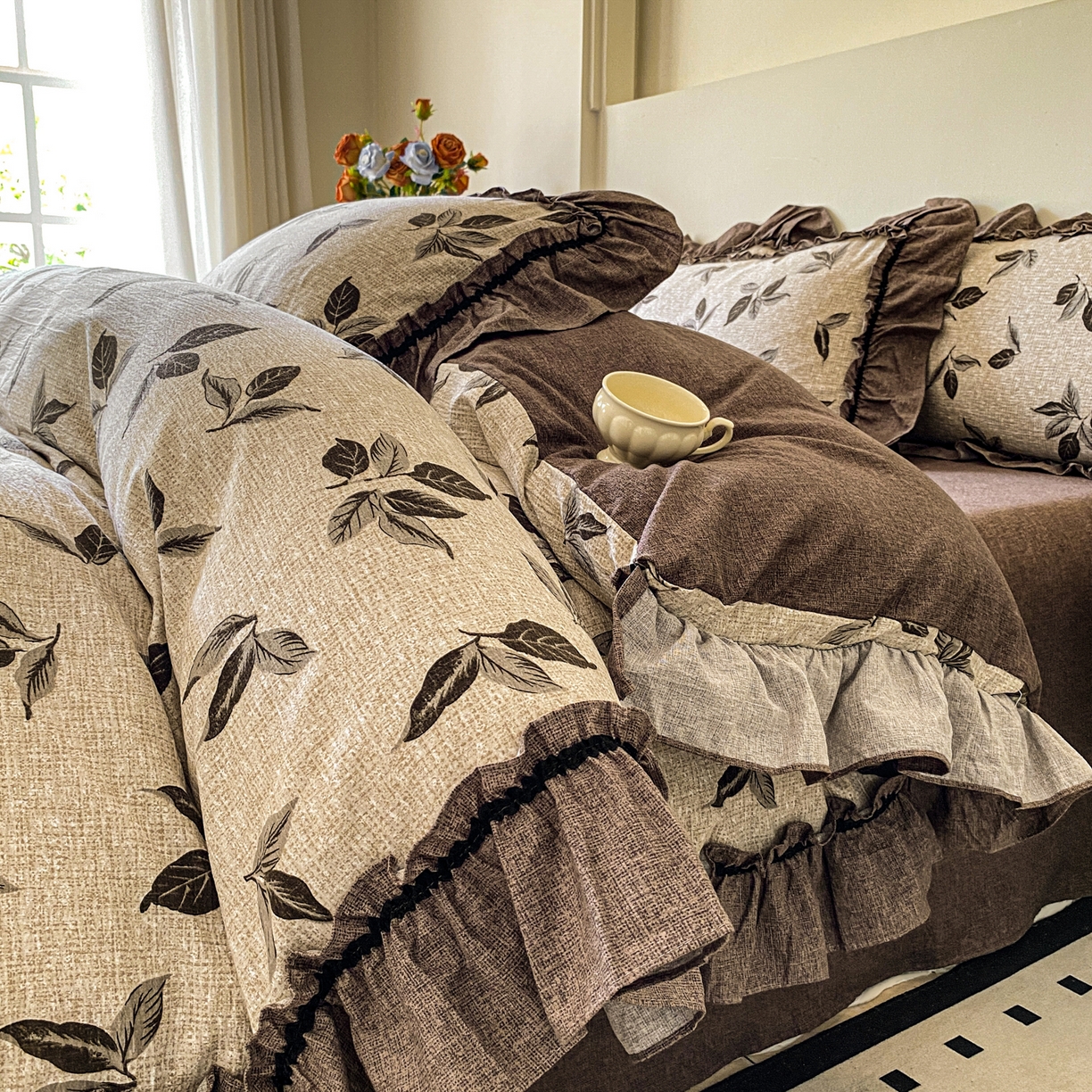 仟网汇 2025新款复古风亚麻原麻花边四件套 叶影