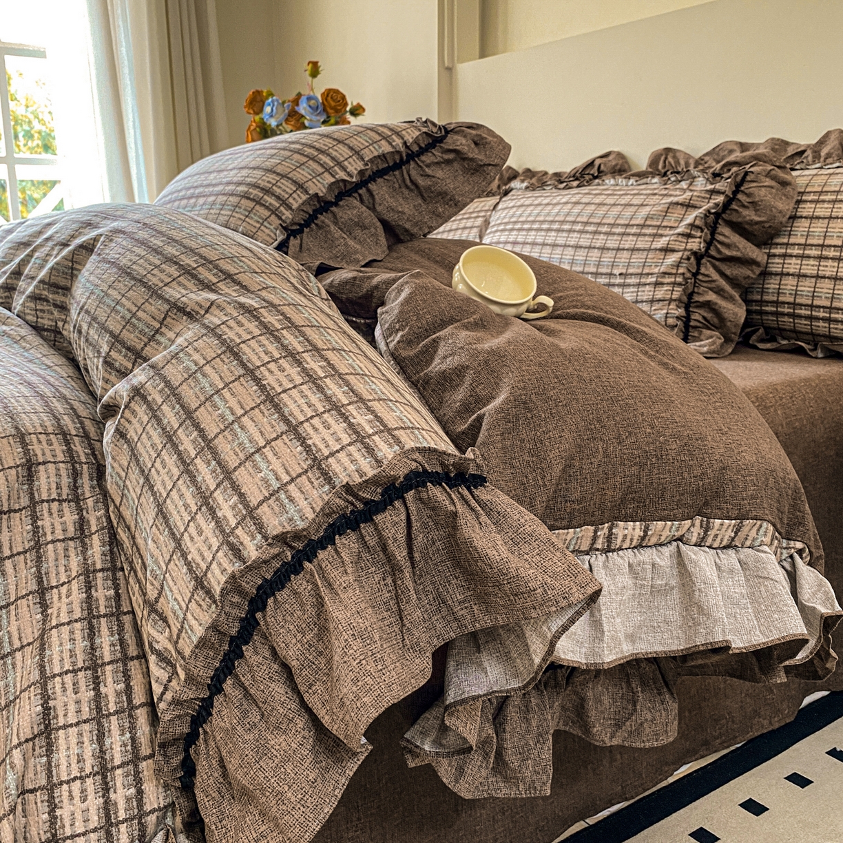 仟网汇 2025新款复古风亚麻原麻花边四件套 格韵