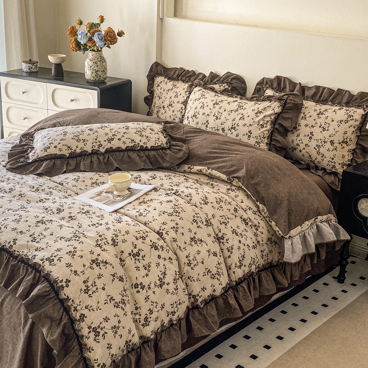 91家纺网 家纺一手货源 找家纺 仟网汇 2025新款复古风亚麻原麻花边四件套 棕篱