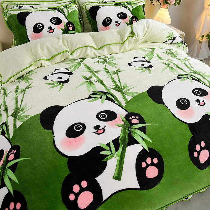 91家纺网 家纺一手货源 找家纺 静缘分 2025新款230克特厚8.5斤牛奶绒金貂绒床裙款保暖四件套-熊猫抱竹