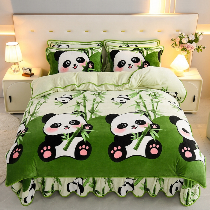 91家纺网 家纺一手货源 找家纺 静缘分 2025新款230克特厚8.5斤牛奶绒金貂绒床裙款保暖四件套-熊猫抱竹