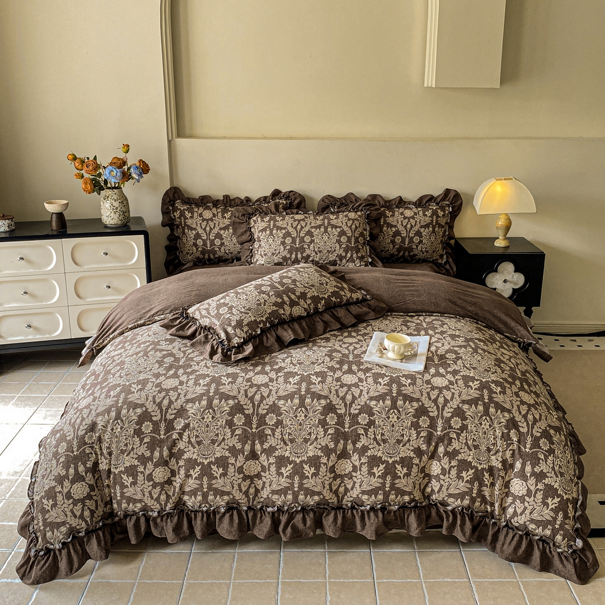 91家纺网 家纺一手货源 找家纺 （总）仟网汇 2025新款复古风亚麻原麻花边四件套