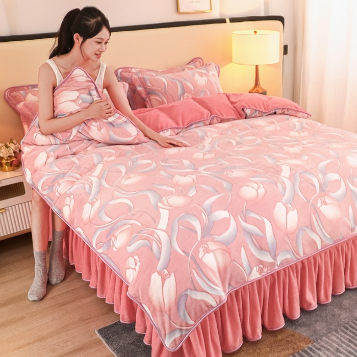 91家纺网 家纺一手货源 找家纺 首选家纺 2025新款加厚保暖牛奶绒金貂绒法莱绒床裙款四件套 郁金香