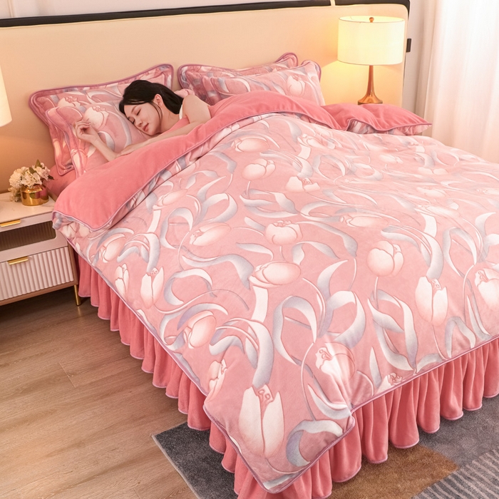 91家纺网 家纺一手货源 找家纺 首选家纺 2025新款加厚保暖牛奶绒金貂绒法莱绒床裙款四件套 郁金香