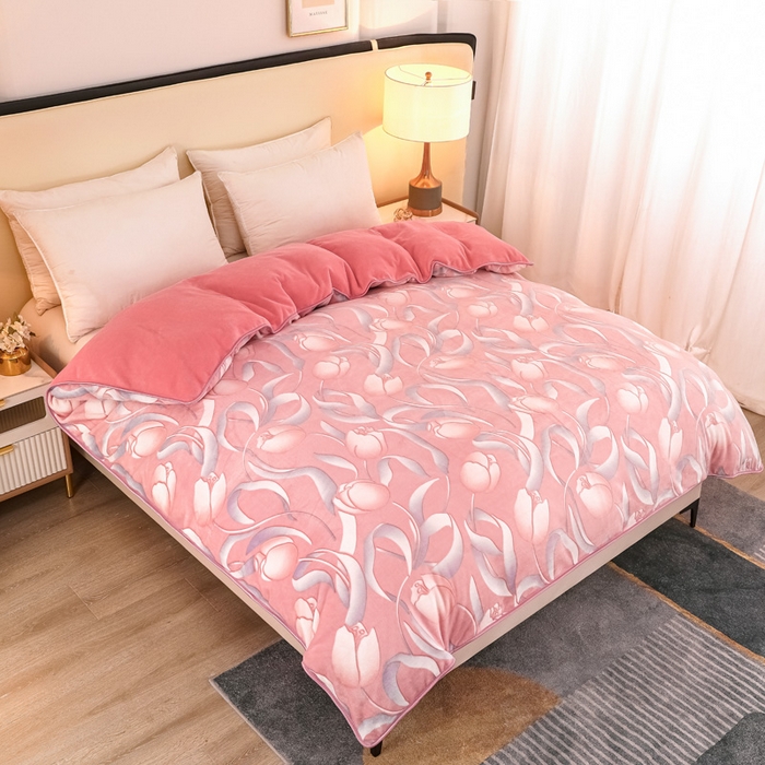 91家纺网 家纺一手货源 找家纺 首选家纺 2025新款加厚保暖牛奶绒金貂绒法莱绒床裙款四件套 郁金香