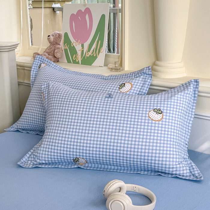 红淳家纺 2025新款亲肤舒适全棉印花简约单枕套 格纹水果（蓝）
