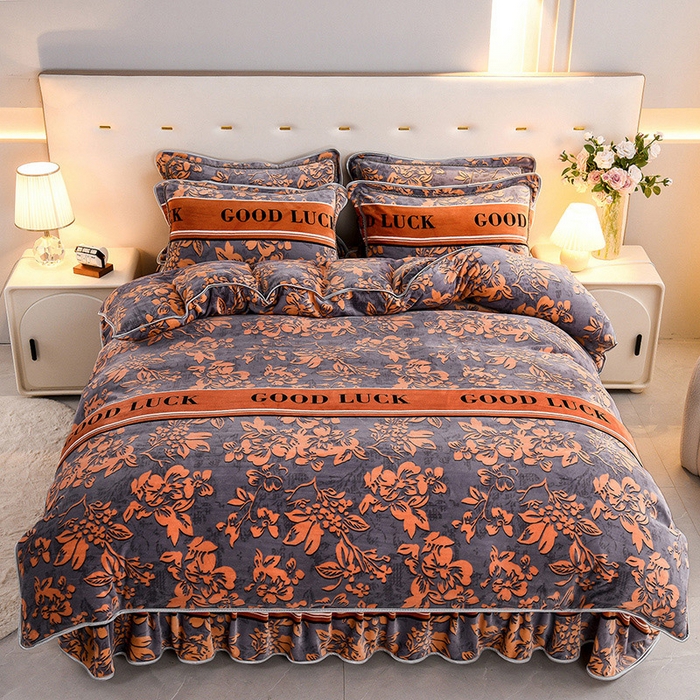 91家纺网 家纺一手货源 找家纺 静缘分 2025新款230克特厚8.5斤牛奶绒金貂绒床裙款保暖四件套-黄金叶