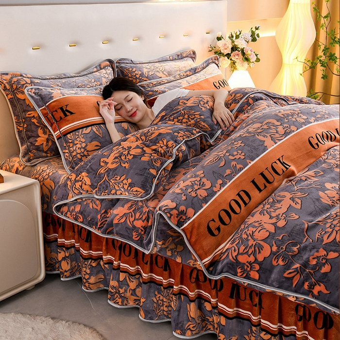 91家纺网 家纺一手货源 找家纺 静缘分 2025新款230克特厚8.5斤牛奶绒金貂绒床裙款保暖四件套-黄金叶