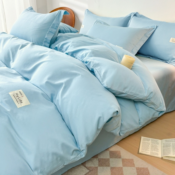 91家纺网 家纺一手货源 找家纺 红淳家纺 2025新款13366亲肤全棉纯色四件套-简单生活 天空蓝