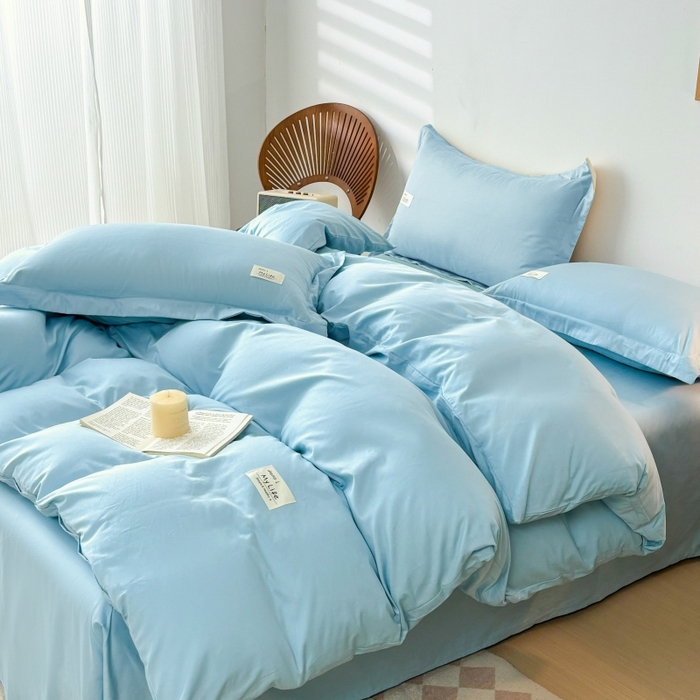 91家纺网 家纺一手货源 找家纺 红淳家纺 2025新款13366亲肤全棉纯色四件套-简单生活 天空蓝