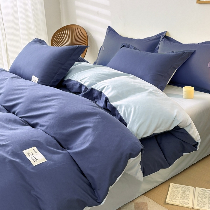 91家纺网 家纺一手货源 找家纺 红淳家纺 2025新款13366亲肤全棉纯色四件套-简单生活 深海蓝+天空蓝
