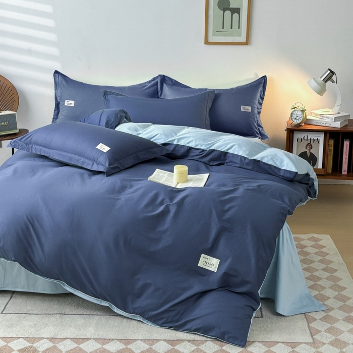 91家纺网 家纺一手货源 找家纺 红淳家纺 2025新款13366亲肤全棉纯色四件套-简单生活 深海蓝+天空蓝