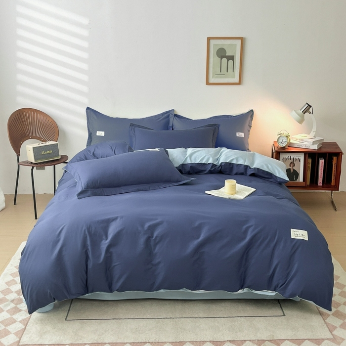 91家纺网 家纺一手货源 找家纺 红淳家纺 2025新款13366亲肤全棉纯色四件套-简单生活 深海蓝+天空蓝