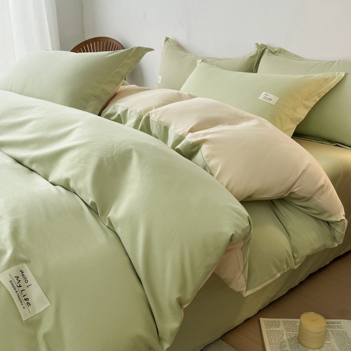 红淳家纺 2025新款13366亲肤全棉纯色四件套-简单生活 苹果绿+米白