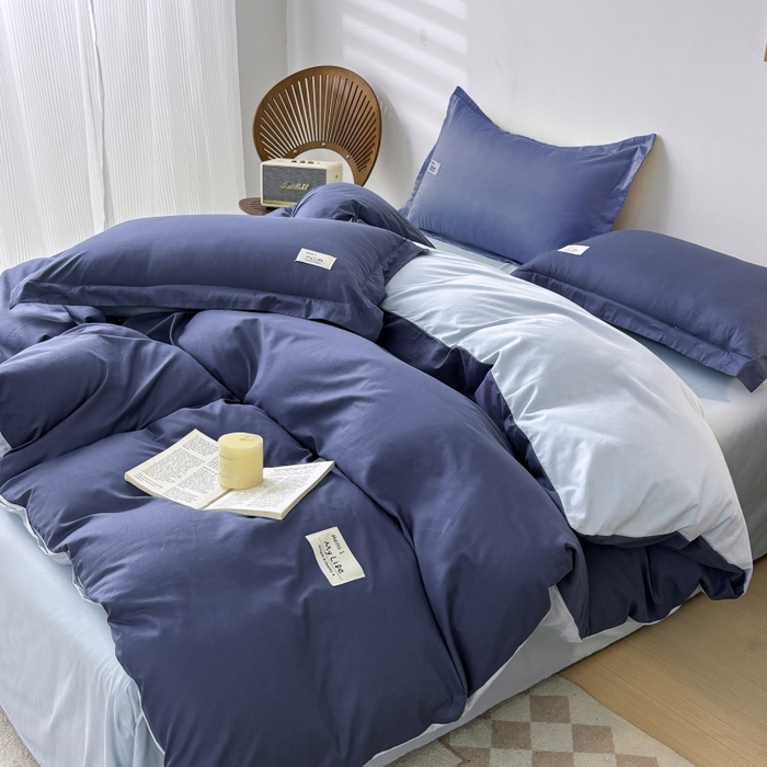 91家纺网 家纺一手货源 找家纺 红淳家纺 2025新款13366亲肤全棉纯色四件套-简单生活 深海蓝+天空蓝