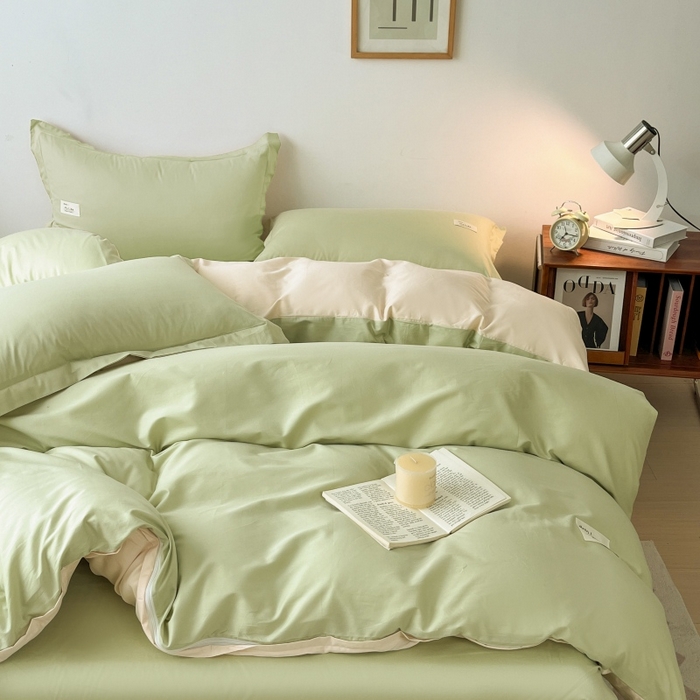 91家纺网 家纺一手货源 找家纺 红淳家纺 2025新款13366亲肤全棉纯色四件套-简单生活 苹果绿+米白