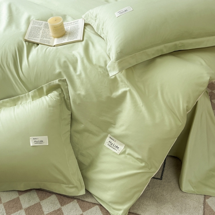 91家纺网 家纺一手货源 找家纺 红淳家纺 2025新款13366亲肤全棉纯色四件套-简单生活 苹果绿+米白