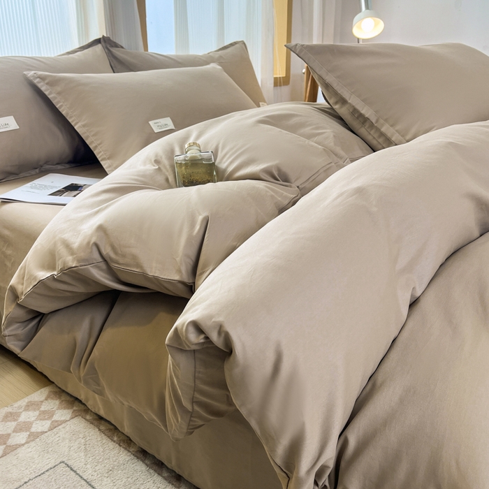 91家纺网 家纺一手货源 找家纺 红淳家纺 2025新款13366亲肤全棉纯色四件套-简单生活 米驼