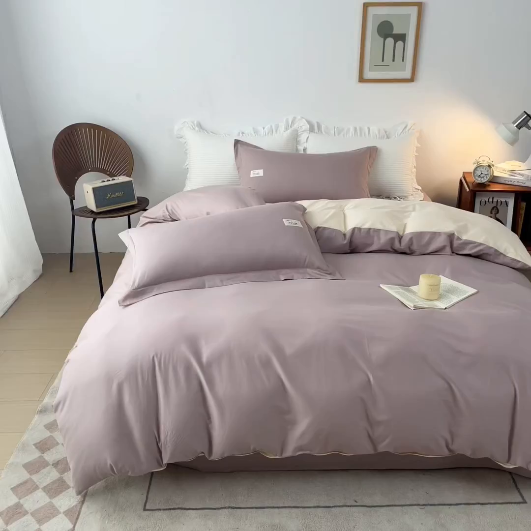 91家纺网 家纺一手货源 找家纺 红淳家纺 2025新款13366亲肤全棉纯色四件套-简单生活 烟紫粉+米白
