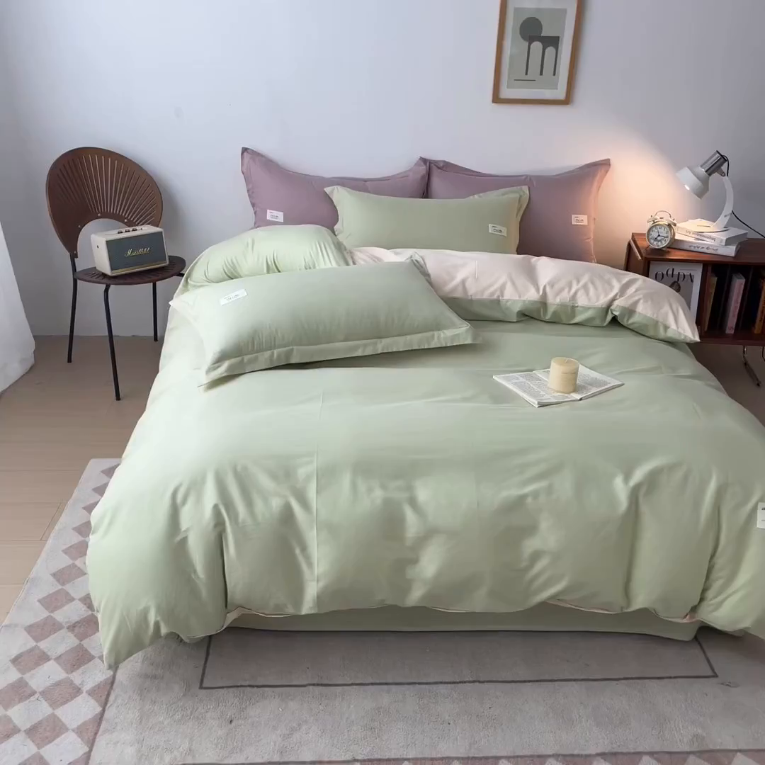 91家纺网 家纺一手货源 找家纺 红淳家纺 2025新款13366亲肤全棉纯色四件套-简单生活 苹果绿+米白