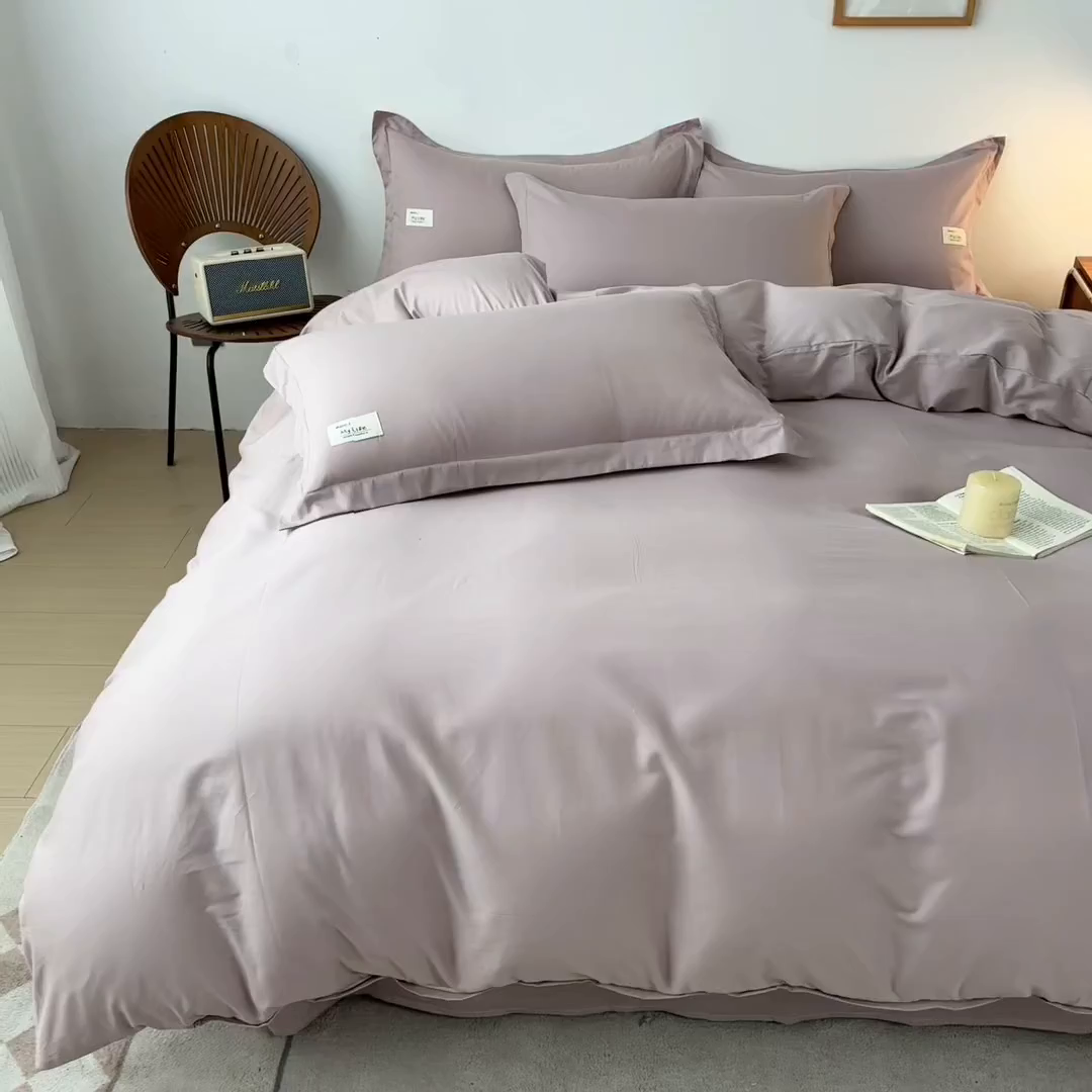 91家纺网 家纺一手货源 找家纺 红淳家纺 2025新款13366亲肤全棉纯色四件套-简单生活 烟紫粉