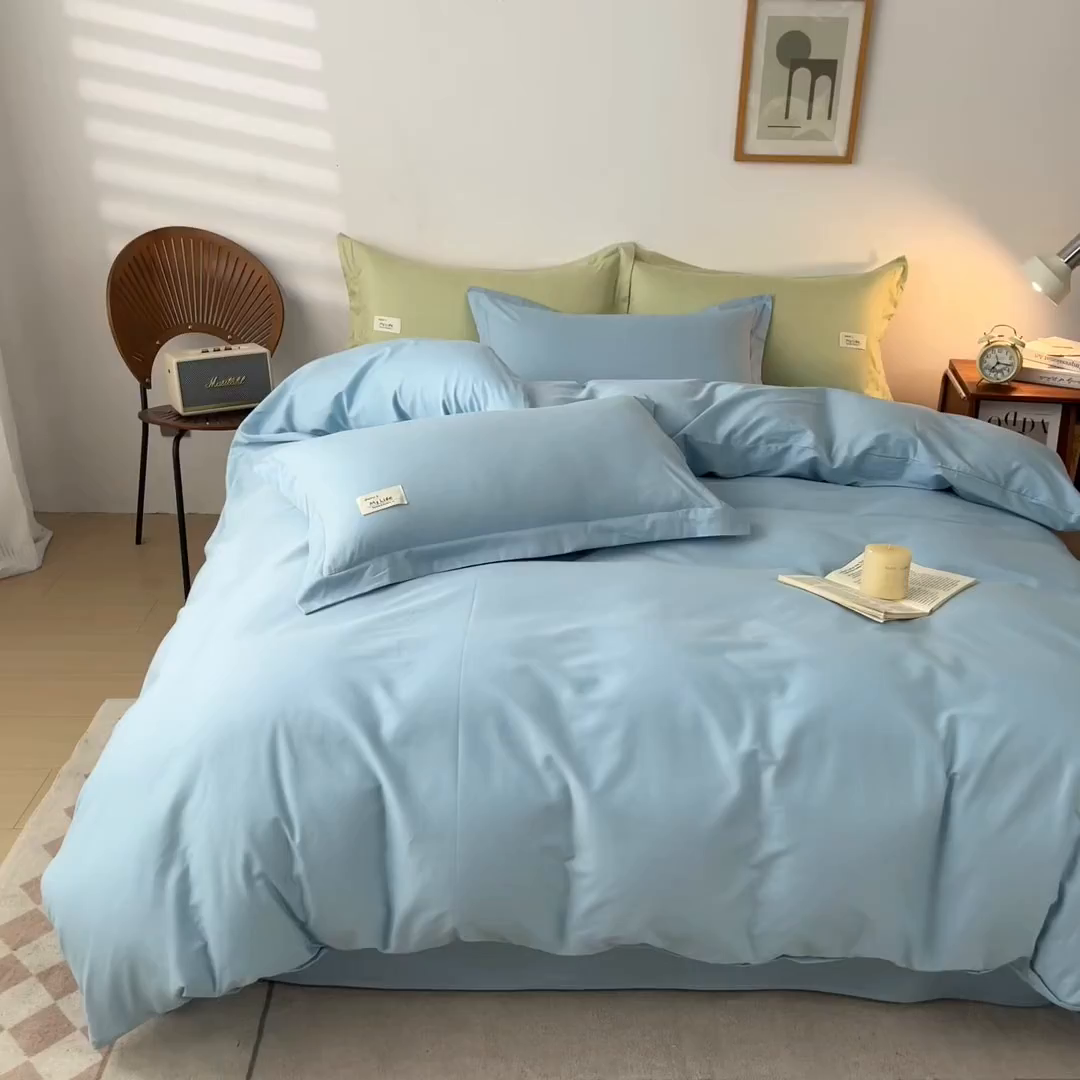 91家纺网 家纺一手货源 找家纺 红淳家纺 2025新款13366亲肤全棉纯色四件套-简单生活 天空蓝