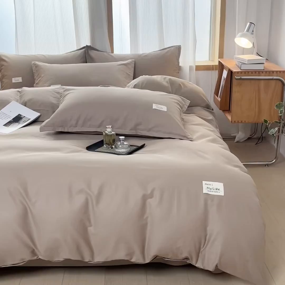 91家纺网 家纺一手货源 找家纺 红淳家纺 2025新款13366亲肤全棉纯色四件套-简单生活 米驼