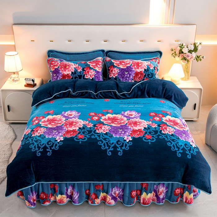 91家纺网 家纺一手货源 找家纺 静缘分 2025新款230克特厚8.5斤牛奶绒金貂绒床裙款保暖四件套-富贵花开