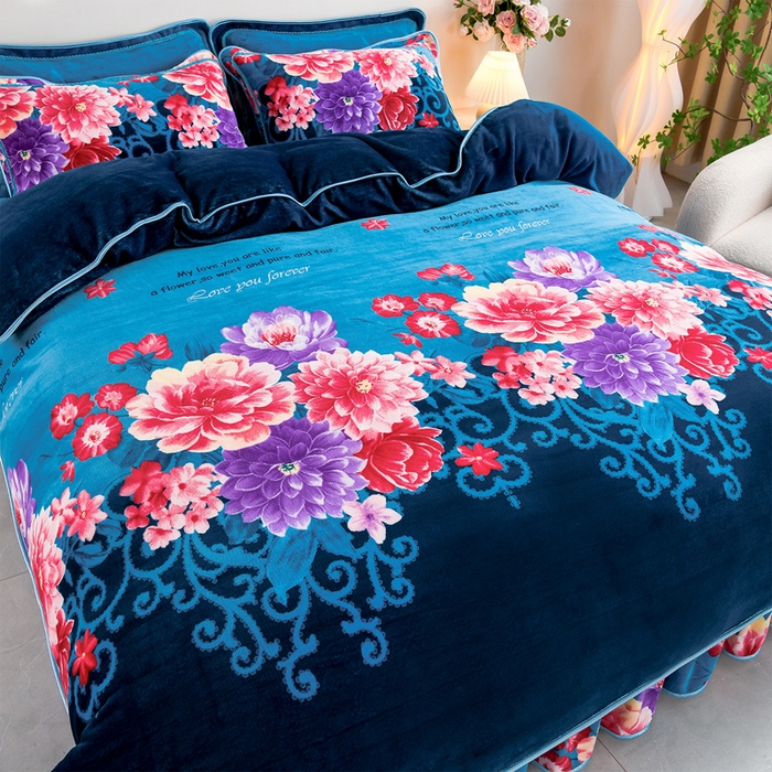 91家纺网 家纺一手货源 找家纺 静缘分 2025新款230克特厚8.5斤牛奶绒金貂绒床裙款保暖四件套-富贵花开