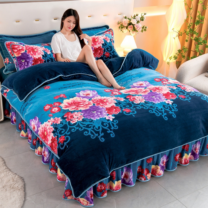 91家纺网 家纺一手货源 找家纺 静缘分 2025新款230克特厚8.5斤牛奶绒金貂绒床裙款保暖四件套-富贵花开