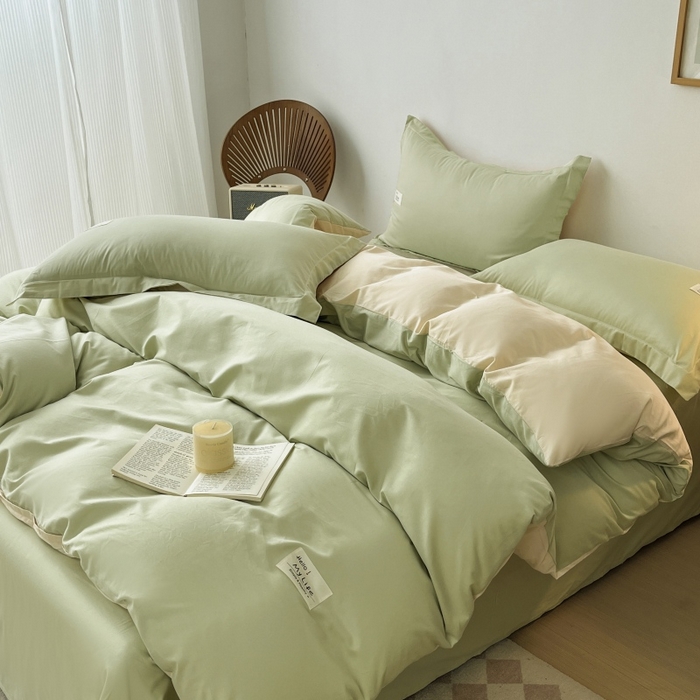 91家纺网 家纺一手货源 找家纺 红淳家纺 2025新款13366亲肤全棉纯色单被套-简单生活 苹果绿+米白