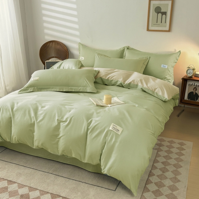 91家纺网 家纺一手货源 找家纺 红淳家纺 2025新款13366亲肤全棉纯色单被套-简单生活 苹果绿+米白