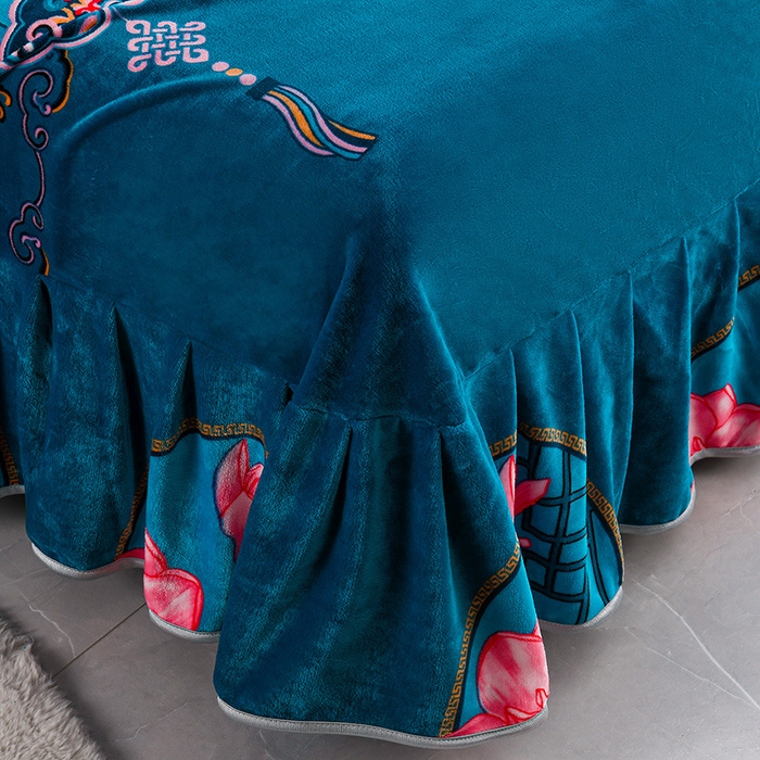 91家纺网 家纺一手货源 找家纺 静缘分 2025新款230克特厚8.5斤牛奶绒金貂绒床裙款保暖四件套-闭月羞花