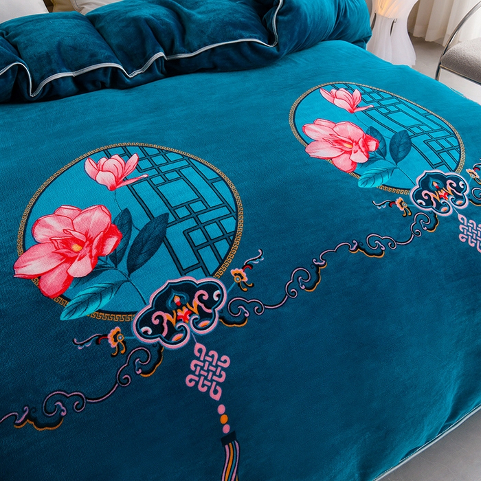 91家纺网 家纺一手货源 找家纺 静缘分 2025新款230克特厚8.5斤牛奶绒金貂绒床裙款保暖四件套-闭月羞花