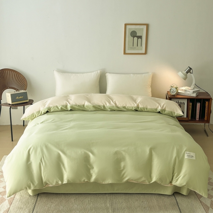 91家纺网 家纺一手货源 找家纺 红淳家纺 2025新款13366亲肤全棉纯色单床单-简单生活 苹果绿+米白
