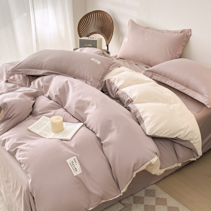91家纺网 家纺一手货源 找家纺 红淳家纺 2025新款13366亲肤全棉纯色单床单-简单生活 烟紫粉+米白