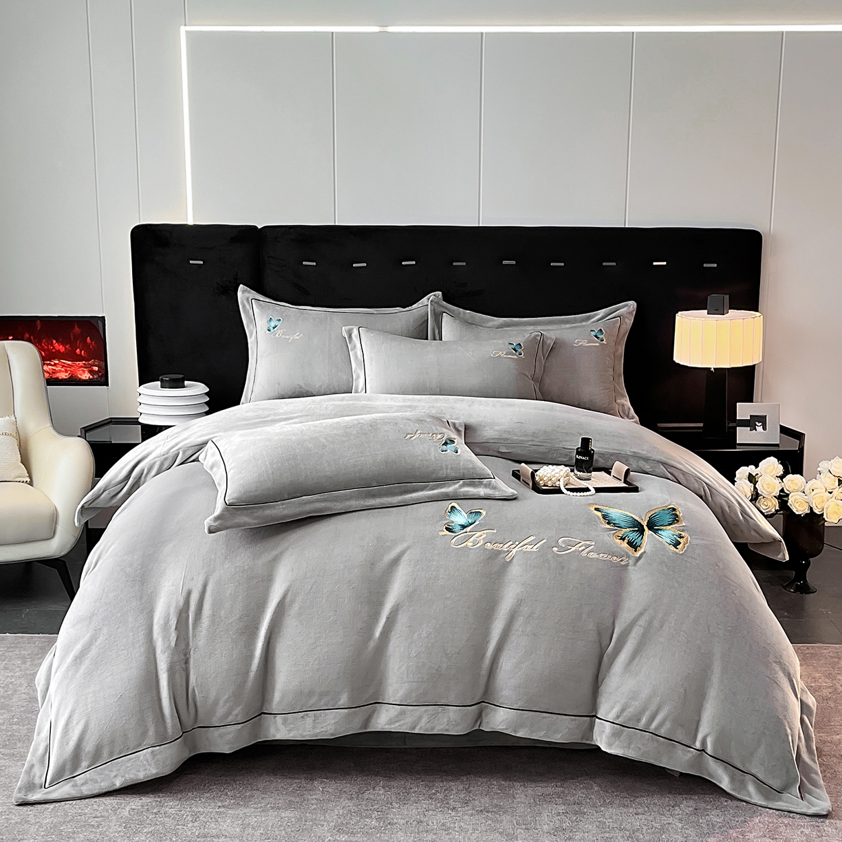 91家纺网 家纺一手货源 找家纺 妮恒美家纺 2025新款牛奶绒刺绣四件套唯美蝴蝶结系列 唯美-浅灰绿