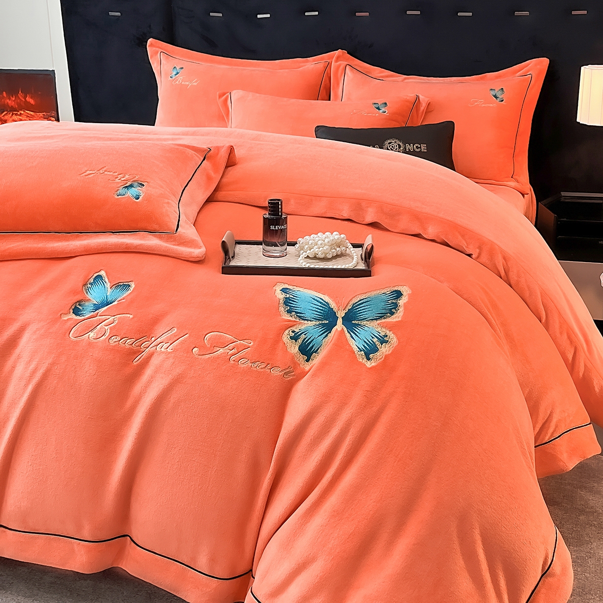 妮恒美家纺 2025新款牛奶绒刺绣四件套唯美蝴蝶结系列 唯美-焦糖橘