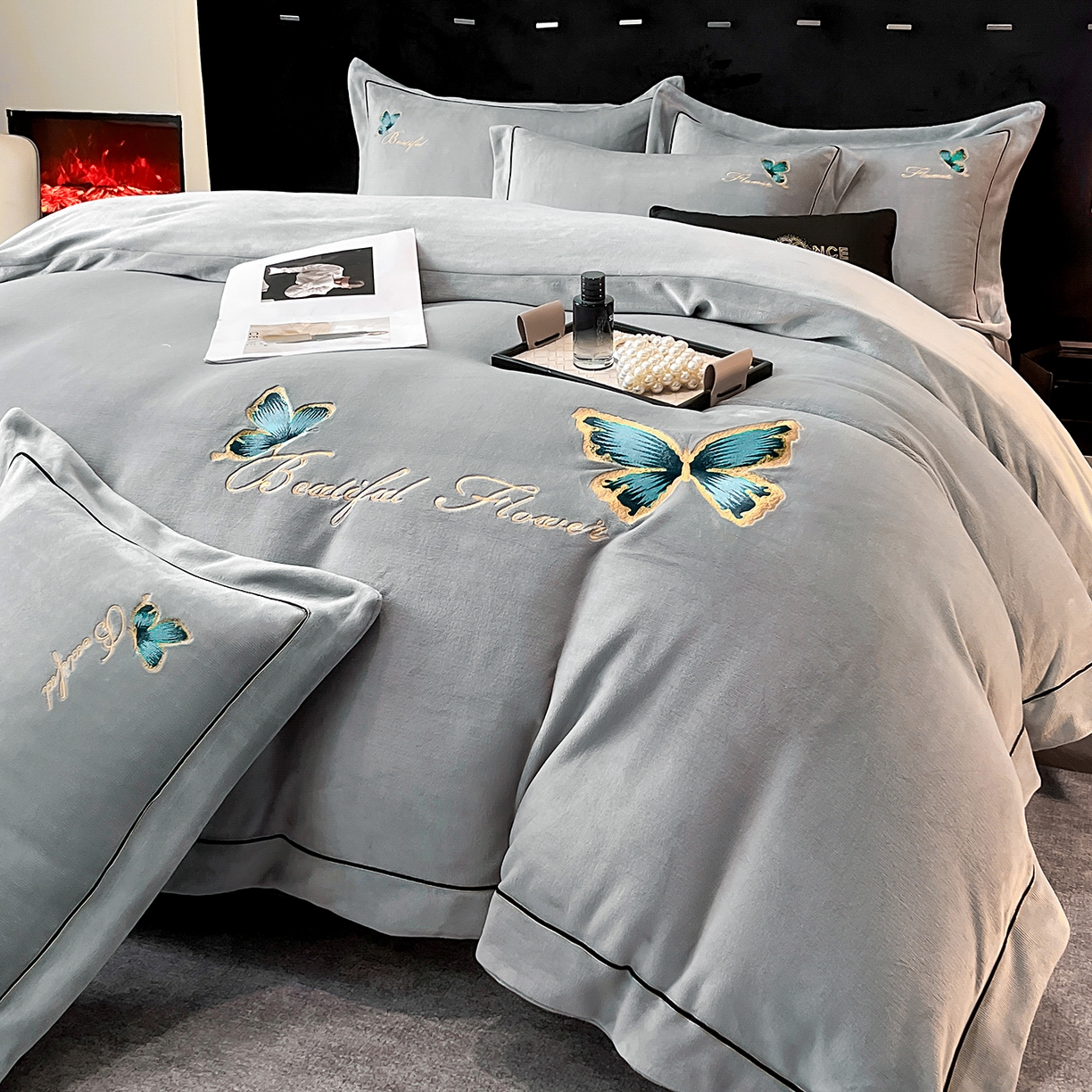 91家纺网 家纺一手货源 找家纺 妮恒美家纺 2025新款牛奶绒刺绣四件套唯美蝴蝶结系列 唯美-浅灰绿