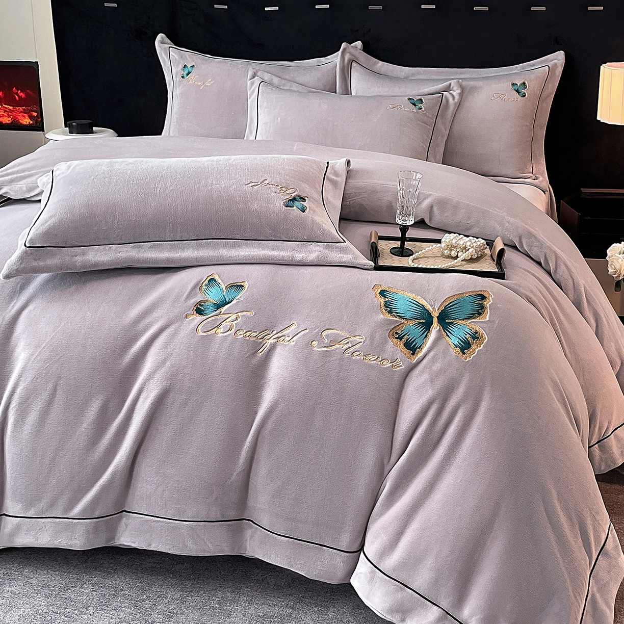 妮恒美家纺 2025新款牛奶绒刺绣四件套唯美蝴蝶结系列 唯美-梦幻紫