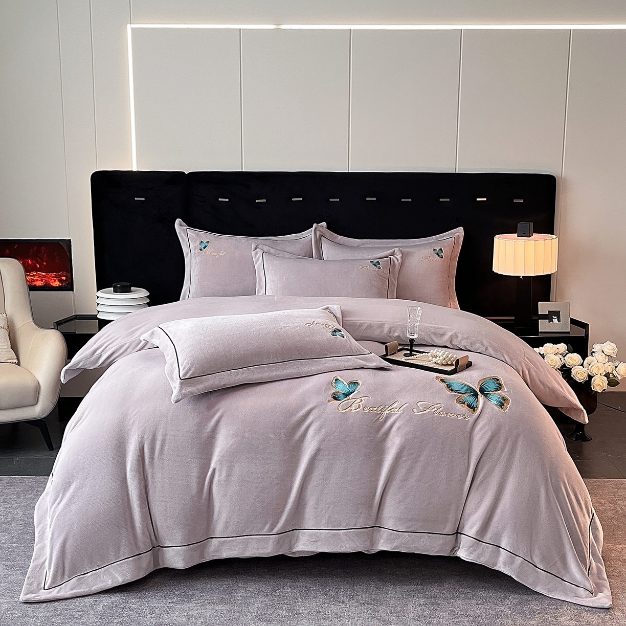 91家纺网 家纺一手货源 找家纺 妮恒美家纺 2025新款牛奶绒刺绣四件套唯美蝴蝶结系列 唯美-梦幻紫