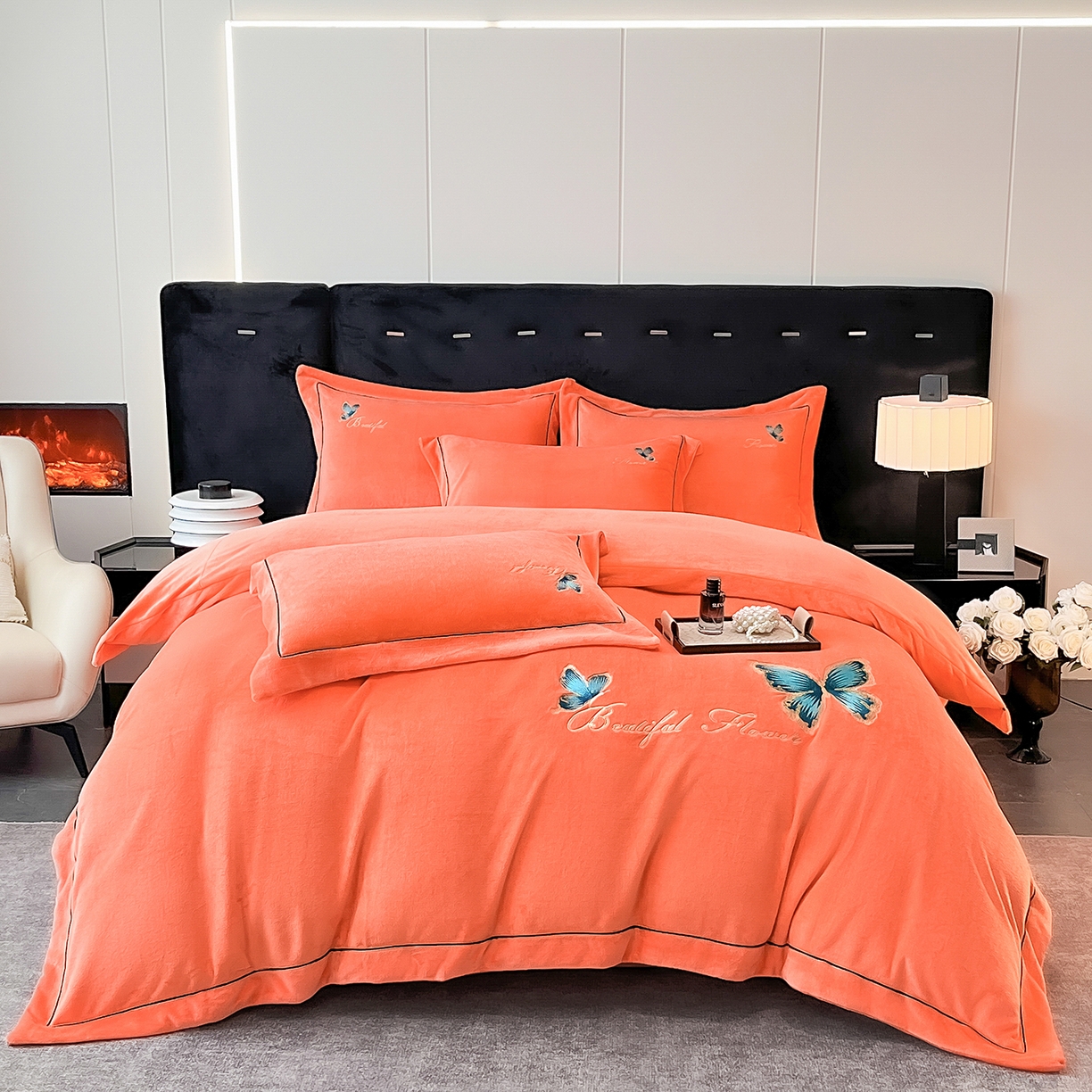 91家纺网 家纺一手货源 找家纺 妮恒美家纺 2025新款牛奶绒刺绣四件套唯美蝴蝶结系列 唯美-焦糖橘