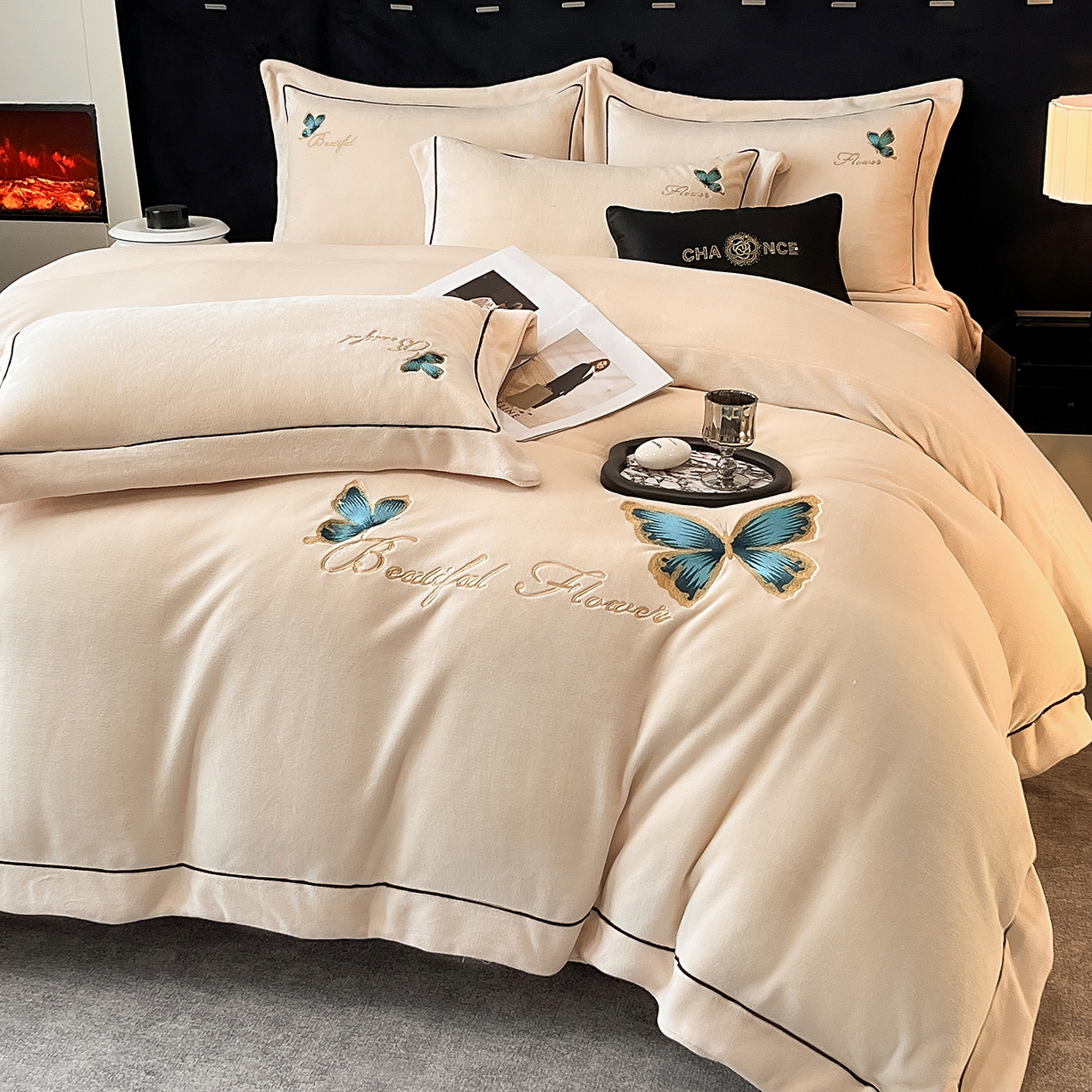 91家纺网 家纺一手货源 找家纺 （总）妮恒美家纺 2025新款牛奶绒刺绣四件套唯美蝴蝶结系列