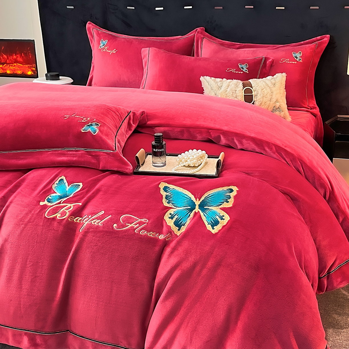 91家纺网 家纺一手货源 找家纺 （总）妮恒美家纺 2025新款牛奶绒刺绣四件套唯美蝴蝶结系列