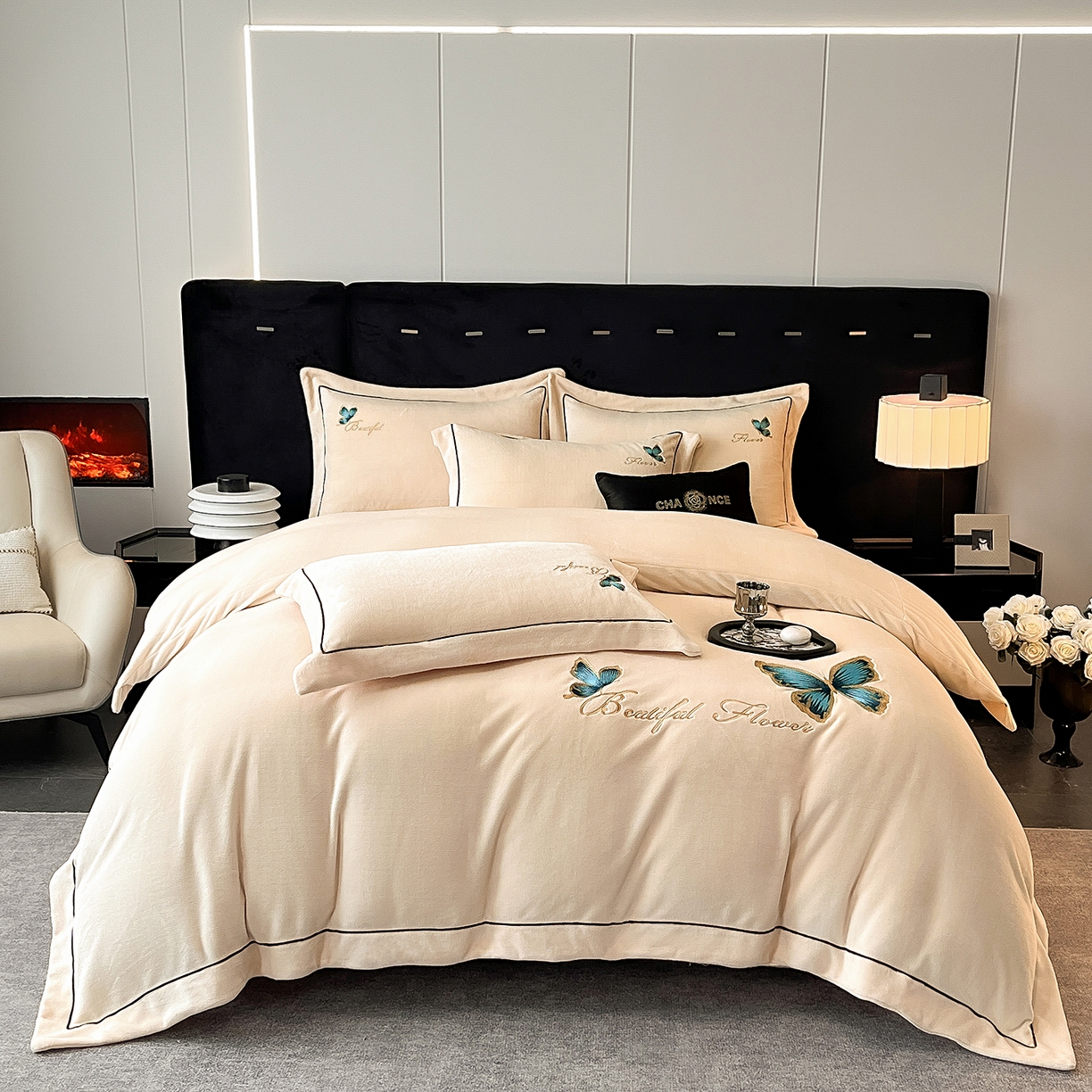 91家纺网 家纺一手货源 找家纺 （总）妮恒美家纺 2025新款牛奶绒刺绣四件套唯美蝴蝶结系列