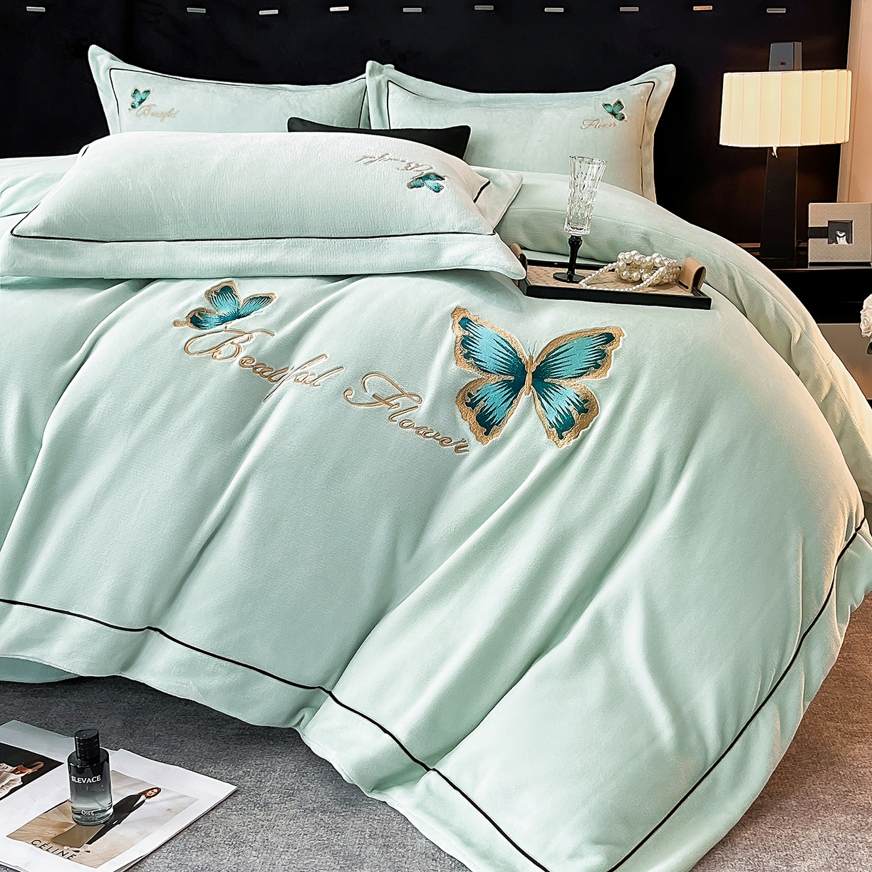 91家纺网 家纺一手货源 找家纺 妮恒美家纺 2025新款牛奶绒刺绣四件套唯美蝴蝶结系列 唯美-元气绿